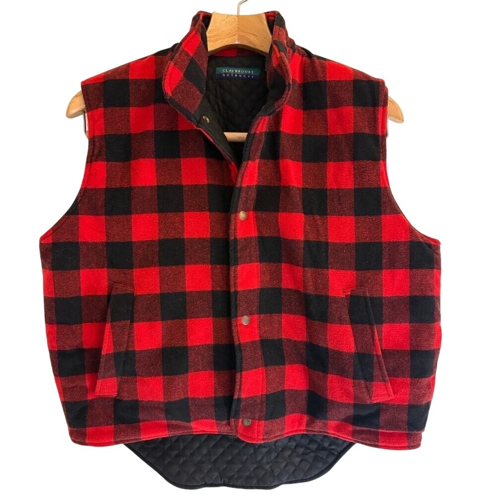 Claybrooke Outdoors Mens Red Black Buffalo Plaid Quilted Wool Vest Hunting Large